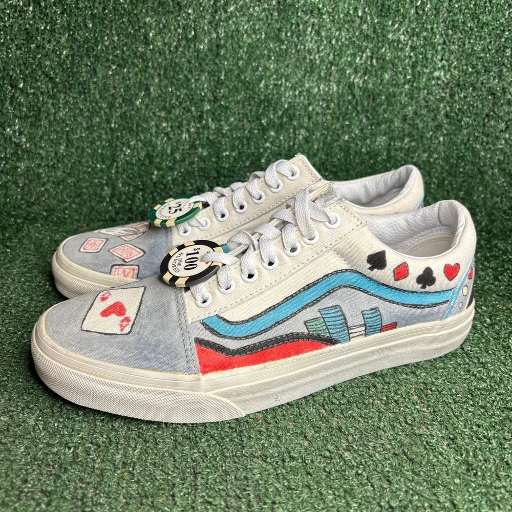 NEW Vans Old Skool Custom Hand-Painted Gambling Sneakers White Men 9 Womens 10.5